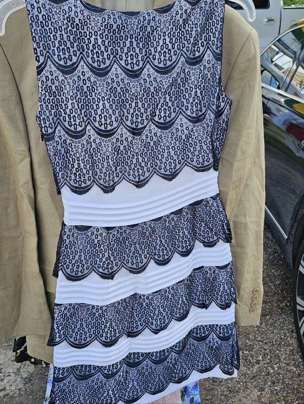 BCBGMaxAzria Black and White Scalloped Lace Mini Dress